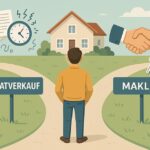 Illustration: Ein Eigentümer steht am Scheideweg: links ist der Immobilienprivatverkauf, rechts der Verkauf mit Immobilienmakler | Immobilienverkauf