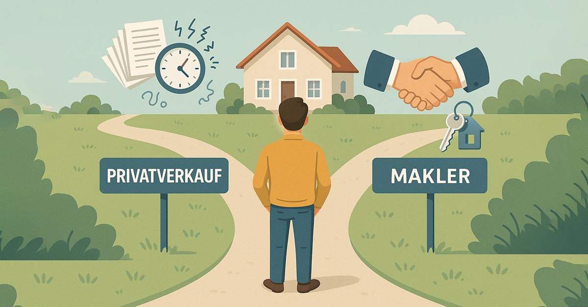 Illustration: Ein Eigentümer steht am Scheideweg: links ist der Immobilienprivatverkauf, rechts der Verkauf mit Immobilienmakler | Immobilienverkauf