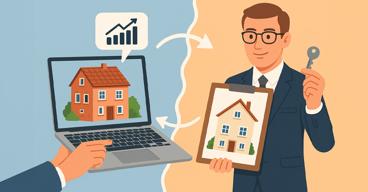 ein KI Bild welches auf die Unterschiede und Wechselwirkungen zwischen Online immobilienbewertung und der Immobilienbewertung eines Maklers verweist