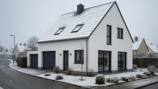Modernes Einfamilienhaus in verschneiter Winterlandschaft; symbolisiert den Immobilienverkauf in der kalten Jahreszeit und die Chancen einer gelungenen Präsentation im Winter. | Immobilienverkauf