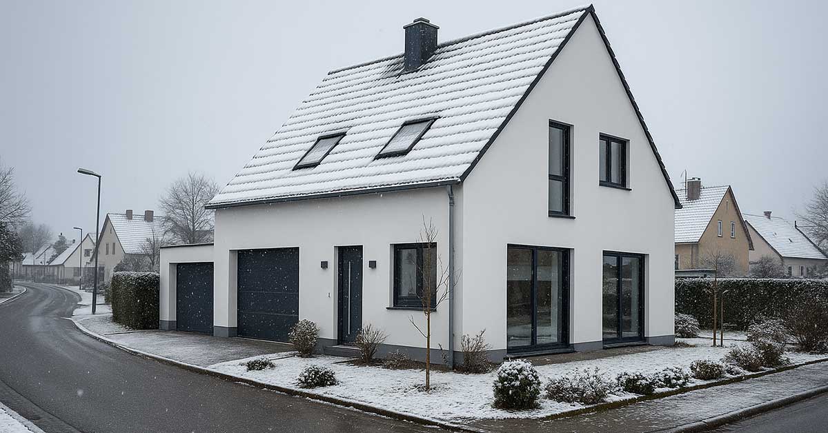 Modernes Einfamilienhaus in verschneiter Winterlandschaft; symbolisiert den Immobilienverkauf in der kalten Jahreszeit und die Chancen einer gelungenen Präsentation im Winter. | Immobilienverkauf