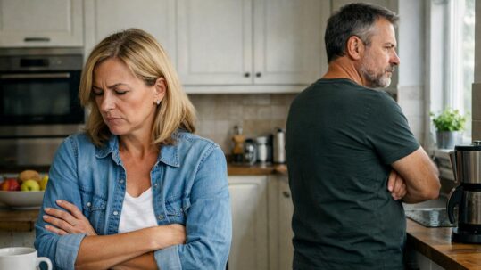 Ein Paar in der Scheidung steht mit dem Rücken zu einander in der Küche, der noch gemeinsamen Immobilie, und redet nicht mehr miteinander | Immobilie in der Scheidung