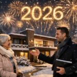 Immobilienmakler berät ein älteres Ehepaar vor einem modernen Einfamilienhaus im Winter, während Feuerwerk die Jahreszahl 2026 am Nachthimmel zeigt – Symbolbild für Immobilienmarkt-Trends und Verkaufspreise 2026. | Immobilienverkauf
