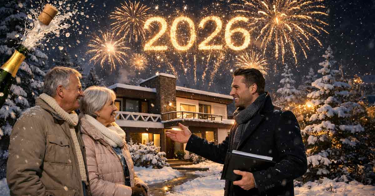 Immobilienmakler berät ein älteres Ehepaar vor einem modernen Einfamilienhaus im Winter, während Feuerwerk die Jahreszahl 2026 am Nachthimmel zeigt – Symbolbild für Immobilienmarkt-Trends und Verkaufspreise 2026. | Immobilienverkauf