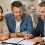 Paar sitzt gemeinsam mit einem Immobilienmakler am Tisch und bespricht Unterlagen zu einer geerbten Immobilie mit laufendem Kredit in vertrauensvoller Beratungssituation. | Erbimmobilie