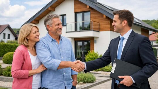 Ein Immobilienmakler und Eigentümer stehen vor ihrem Haus. Der Makler berät sie persönlich und zeigt vollen Einsatz beim Immobilienverkauf als Symbol für den Makleralleinauftrag und klarer Zuständigkeit. | Makleralleinauftrag