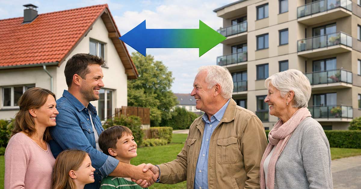 zwei Generationen von Famillien beim Tausch