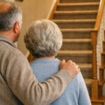 Ein älteres Paar steht in seiner Immobilie vor der Treppe und überlegt, ob sie ihre Immobilie barrierefrei umbauen sollen | Wohnen im Alter