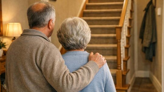 Ein älteres Paar steht in seiner Immobilie vor der Treppe und überlegt, ob sie ihre Immobilie barrierefrei umbauen sollen | Wohnen im Alter
