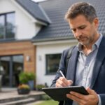 Ein professioneller Immobilienmakler besichtigt eine Immobilie zur Wertermittlung. Er steht vor einem gepflegten Einfamilienhaus in ruhiger Wohnlage, trägt ein modernes Business-Outfit und hält ein Klemmbrett oder Tablet in der Hand, auf dem er Notizen macht. Die Immobilie wirkt hochwertig und gut instand gehalten, mit Garten und klarer Architektur. Die Szene vermittelt Seriosität, Fachkompetenz und Marktanalyse. Natürliches Tageslicht, realistische Fotografie, moderne Bildsprache, dezente Tiefenschärfe | Immobilienbewertung Vergleichswertverfahren
