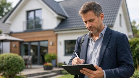 Ein professioneller Immobilienmakler besichtigt eine Immobilie zur Wertermittlung. Er steht vor einem gepflegten Einfamilienhaus in ruhiger Wohnlage, trägt ein modernes Business-Outfit und hält ein Klemmbrett oder Tablet in der Hand, auf dem er Notizen macht. Die Immobilie wirkt hochwertig und gut instand gehalten, mit Garten und klarer Architektur. Die Szene vermittelt Seriosität, Fachkompetenz und Marktanalyse. Natürliches Tageslicht, realistische Fotografie, moderne Bildsprache, dezente Tiefenschärfe | Immobilienbewertung Vergleichswertverfahren