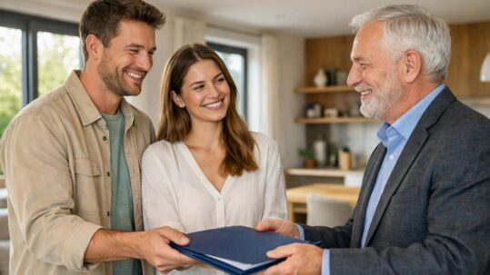 Ein Makler mit Paar im Beratunggespräch