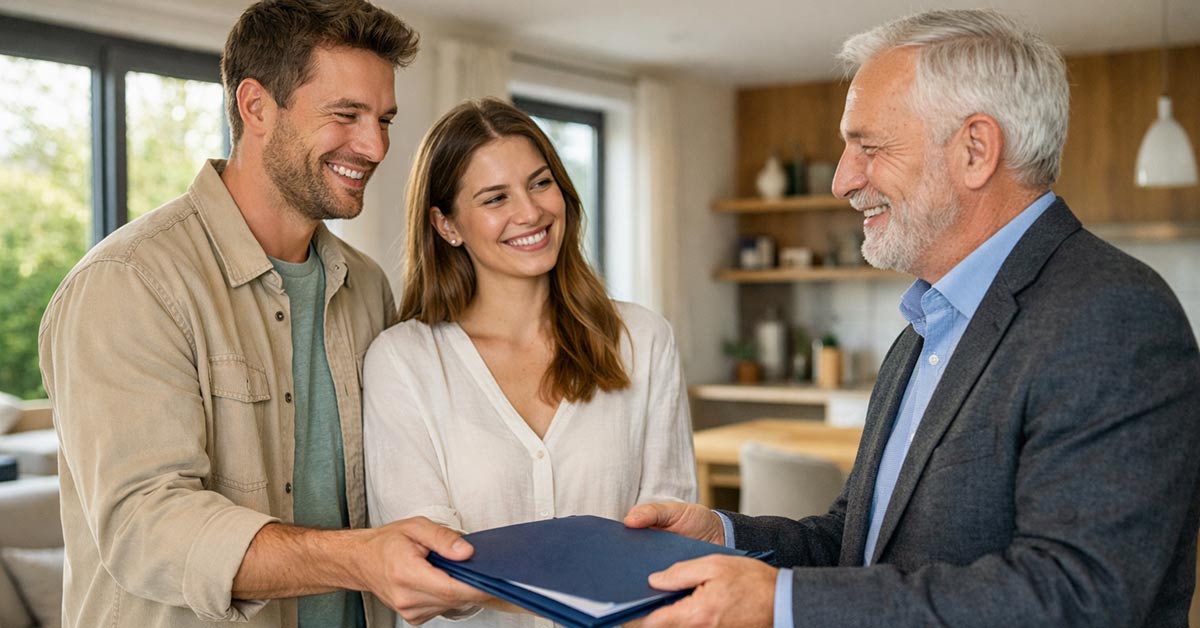 Ein Makler mit Paar im Beratunggespräch
