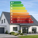 Ein gepflegtes Einfamilienhaus in Deutschland, aufgenommen bei Tageslicht, leicht schräg von vorne. Über dem Haus schwebt transparent und klar erkennbar die Energieeffizienz-Skala eines Energieausweises von grün bis rot mit Buchstaben A+ bis H. Seriöser, professioneller Stil, neutrale Farben, keine Personen, ruhiger Hintergrund, hochwertige Fotografie als Symbolbild zum Thema Energieausweis | Energieausweis