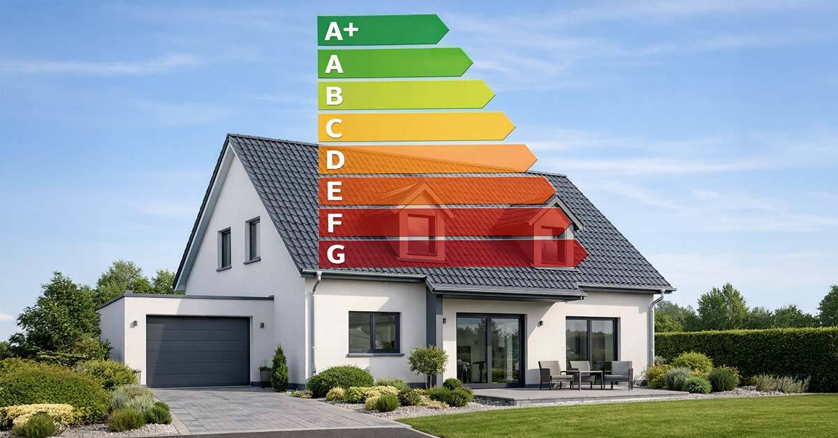 Ein gepflegtes Einfamilienhaus in Deutschland, aufgenommen bei Tageslicht, leicht schräg von vorne. Über dem Haus schwebt transparent und klar erkennbar die Energieeffizienz-Skala eines Energieausweises von grün bis rot mit Buchstaben A+ bis H. Seriöser, professioneller Stil, neutrale Farben, keine Personen, ruhiger Hintergrund, hochwertige Fotografie als Symbolbild zum Thema Energieausweis | Energieausweis