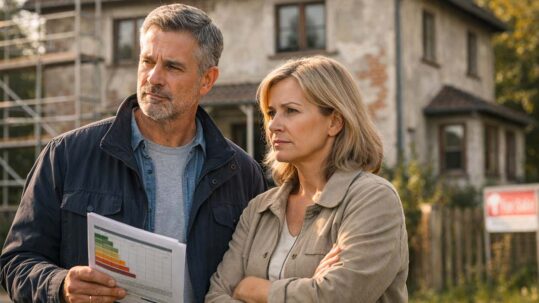Bild eines Paares Mitte 50, das nachdenklich vor einem älteren Einfamilienhaus steht. Das Haus wirkt leicht renovierungsbedürftig mit sichtbarer alter Fassade und älteren Fenstern, aber nicht verfallen. Der Mann hält Unterlagen oder einen Energieausweis in der Hand, die Frau verschränkt leicht die Arme. Im Hintergrund dezent ein Baugerüst an einer Hausseite, ein kleines, unscharfes „Zu verkaufen“-Schild am Gartenzaun. | Immobilienbewertung