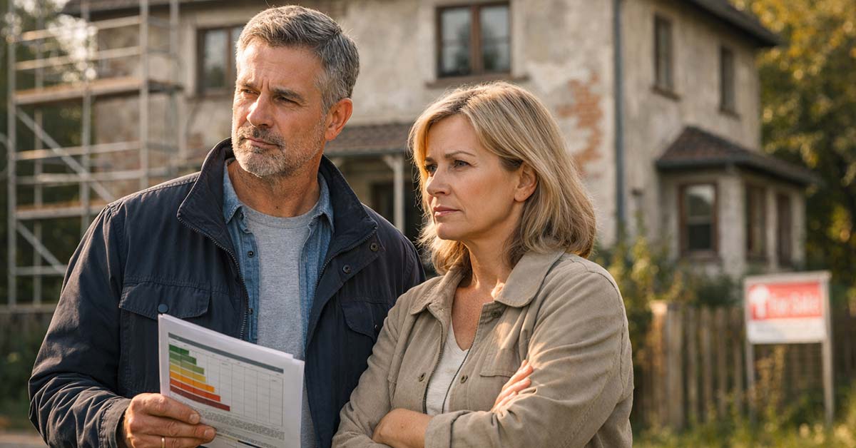 Bild eines Paares Mitte 50, das nachdenklich vor einem älteren Einfamilienhaus steht. Das Haus wirkt leicht renovierungsbedürftig mit sichtbarer alter Fassade und älteren Fenstern, aber nicht verfallen. Der Mann hält Unterlagen oder einen Energieausweis in der Hand, die Frau verschränkt leicht die Arme. Im Hintergrund dezent ein Baugerüst an einer Hausseite, ein kleines, unscharfes „Zu verkaufen“-Schild am Gartenzaun. | Immobilienbewertung
