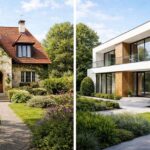 Geteilte Bildschirmaufnahme im Kino-Stil, die zwei gleich attraktive Häuser nebeneinander zeigt. Linke Seite: ein charmantes älteres europäisches Haus mit Charakter, detaillierte Fassade, warme Farben, traditionelle Architektur, gut gepflegt, schöner Garten, sonniges Tageslicht. Rechte Seite: ein modernes neu gebautes Haus, klares Design, große Fenster, zeitgenössische Architektur, helle Fassade, angelegter Garten, sonniges Tageslicht. Neubau oder Bestandsimmobilie