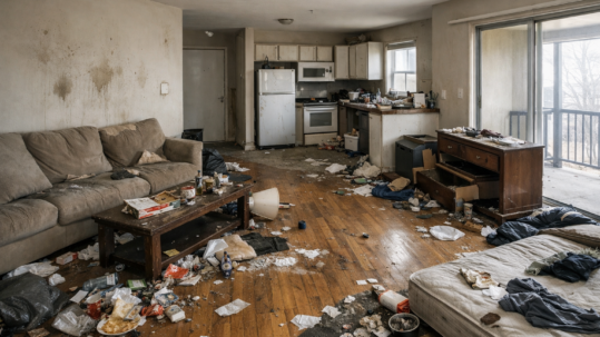 Eine verwahrloste und beschädigte Wohnung nach dem Auszug eines Mieters. Verschmutzte Böden, verstreute Gegenstände und Unordnung prägen das Bild, an den Wänden sind Gebrauchsspuren zu sehen, einige Möbel wirken beschädigt. Tageslicht fällt durch die Fenster. Mietnomaden