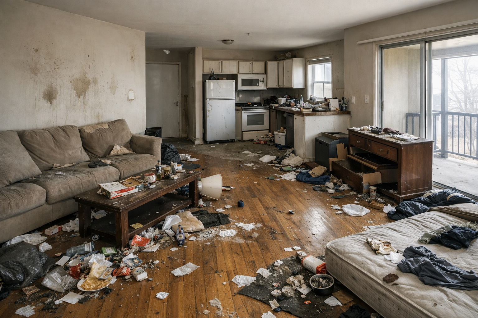 Eine verwahrloste und beschädigte Wohnung nach dem Auszug eines Mieters. Verschmutzte Böden, verstreute Gegenstände und Unordnung prägen das Bild, an den Wänden sind Gebrauchsspuren zu sehen, einige Möbel wirken beschädigt. Tageslicht fällt durch die Fenster. Mietnomaden