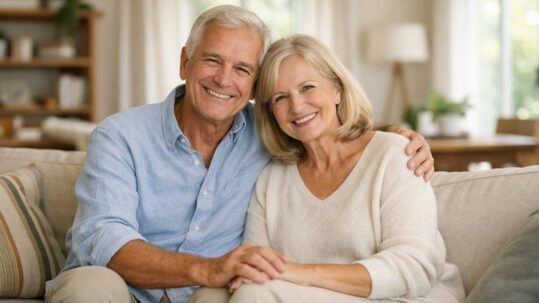 Foto eines glücklichen älteren Paares, das zusammen auf einem bequemen Sofa in seinem eigenen Wohnzimmer sitzt, entspannte und zufriedene Gesichtsausdrücke, elegante aber legere Kleidung. Verrentung