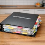 Auf einem Küchentisch in der Mitte der Küche liegt ein dicker Ordner mit Immobilienunterlagen für den Immobilienverkauf. Zwischen einigen Blättern im Ordner kleben Klebezettel und befinden sich Trenner. Auf dem Deckel des Ordners steht "Immobilienunterlagen". | Checkliste Unterlagen Immobilienverkauf
