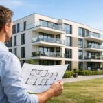 Mann mit Bauplan vor modernem Neubau-Mehrfamilienhaus, symbolisch für den Kauf einer Neubauimmobilie vom Bauträger. | Immobilienkauf
