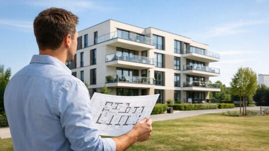 Mann mit Bauplan vor modernem Neubau-Mehrfamilienhaus, symbolisch für den Kauf einer Neubauimmobilie vom Bauträger. | Immobilienkauf