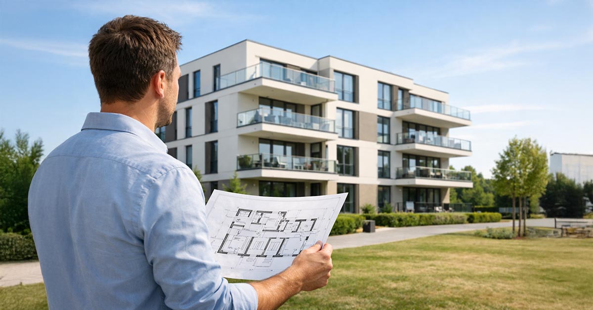 Mann mit Bauplan vor modernem Neubau-Mehrfamilienhaus, symbolisch für den Kauf einer Neubauimmobilie vom Bauträger. | Immobilienkauf