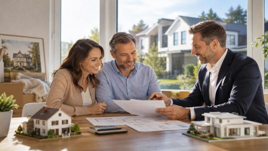 Paar bespricht mit einem Immobilienberater Finanzierungsunterlagen für den Hausverkauf und -kauf; Modellhäuser und Grundrisse veranschaulichen die Zwischenfinanzierung. | Zwischenfinanzierung
