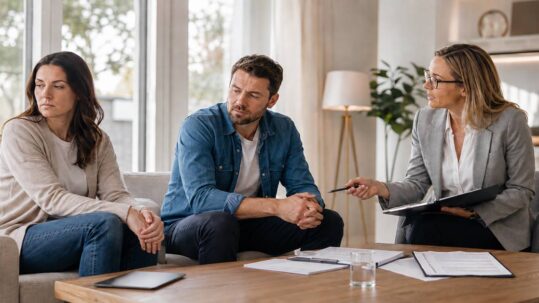 Ein angespanntes Paar sitzt bei einem Beratungsgespräch mit einer Fachfrau am Tisch, auf dem Unterlagen zur Aufteilung eines gemeinsamen Hauses liegen. I Trennung ohne Trauschein
