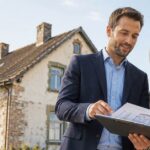 Ein Immobilienberater bespricht mit einem Paar vor einem älteren Haus Baupläne und mögliche Renovierungskosten beim Hauskauf. I Renovierungskosten