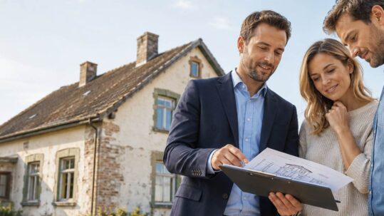 Ein Immobilienberater bespricht mit einem Paar vor einem älteren Haus Baupläne und mögliche Renovierungskosten beim Hauskauf. I Renovierungskosten
