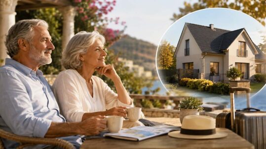 Älteres Paar sitzt mit Kaffee auf einer Terrasse am Meer und blickt in die Ferne, daneben ein eingeblendetes Haus als Symbol für den Immobilienverkauf vor dem Lebensabend im Ausland. I Lebensabend im Ausland