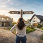 Frau steht vor der Entscheidung zwischen Neubau und Hauskauf mit Wegweisern „Bauen“ und „Kaufen“ vor zwei Immobilien. I Bauen oder kaufen?