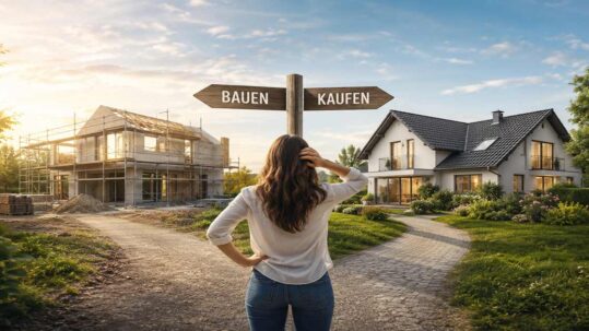 Frau steht vor der Entscheidung zwischen Neubau und Hauskauf mit Wegweisern „Bauen“ und „Kaufen“ vor zwei Immobilien. I Bauen oder kaufen?