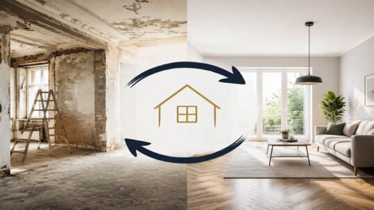 Symbolbild für Immobilienhandel: Eine renovierungsbedürftige Immobilie wird durch einen Umbauprozess in ein modernes Zuhause verwandelt, dargestellt durch zwei Gebäudeseiten mit Pfeilen und Haussymbol. I Immobilienhandel