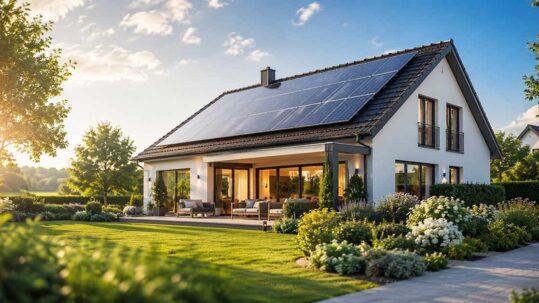 Modernes Einfamilienhaus mit Photovoltaikanlage auf dem Dach – Solarenergie als wertsteigernder Faktor beim Immobilienverkauf. I Photovoltaik beim Immobilienverkauf