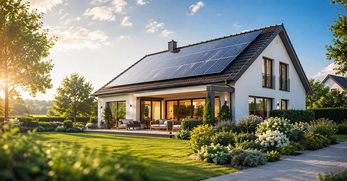 Modernes Einfamilienhaus mit Photovoltaikanlage auf dem Dach – Solarenergie als wertsteigernder Faktor beim Immobilienverkauf. I Photovoltaik beim Immobilienverkauf