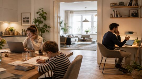 Familie im Homeoffice: Eine Frau arbeitet am Laptop am Esstisch, während ein Kind daneben Hausaufgaben macht und ein Mann in einem separaten Arbeitsbereich telefoniert. I Homeoffice-Boom