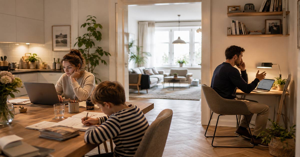 Familie im Homeoffice: Eine Frau arbeitet am Laptop am Esstisch, während ein Kind daneben Hausaufgaben macht und ein Mann in einem separaten Arbeitsbereich telefoniert. I Homeoffice-Boom