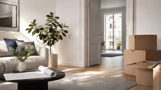 Helles, modern eingerichtetes Wohnzimmer mit Sofa, Zimmerpflanzen, Umzugskartons und offenen Türen – Symbolbild zum Thema Eigenbedarfskündigung