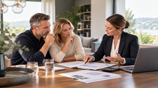 Paar im Beratungsgespräch mit einer Immobilienmaklerin über Unterlagen zum Immobilienverkauf.