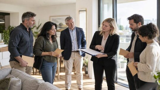 Eine Immobilienmaklerin erläutert einer Gruppe von Interessenten Unterlagen zu einem Bieterverfahren in einer hellen, modernen Wohnung.