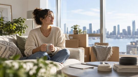 Junge Frau sitzt allein mit einer Tasse Kaffee auf dem Sofa ihrer neuen Wohnung, umgeben von Umzugskartons, mit Blick auf die Skyline einer Großstadt. | Immobilienfinanzierung