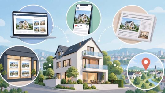 Illustration eines modernen Hauses, umgeben von verschiedenen Immobilien-Vermarktungskanälen wie Online-Portalen, Social Media, Zeitungsanzeigen und Makler-Schaufenstern. | Immobilienverkauf