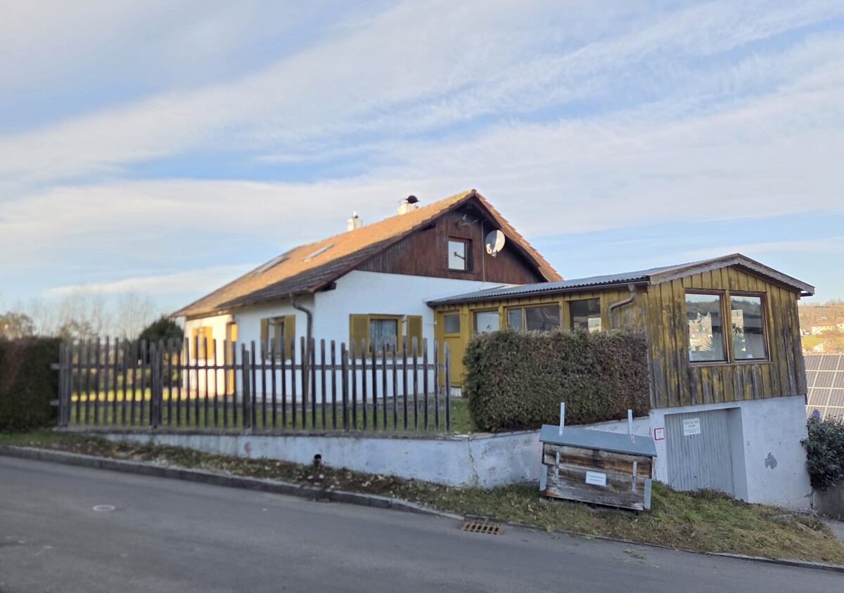 Straßenansicht mit Garage und Wintergarten