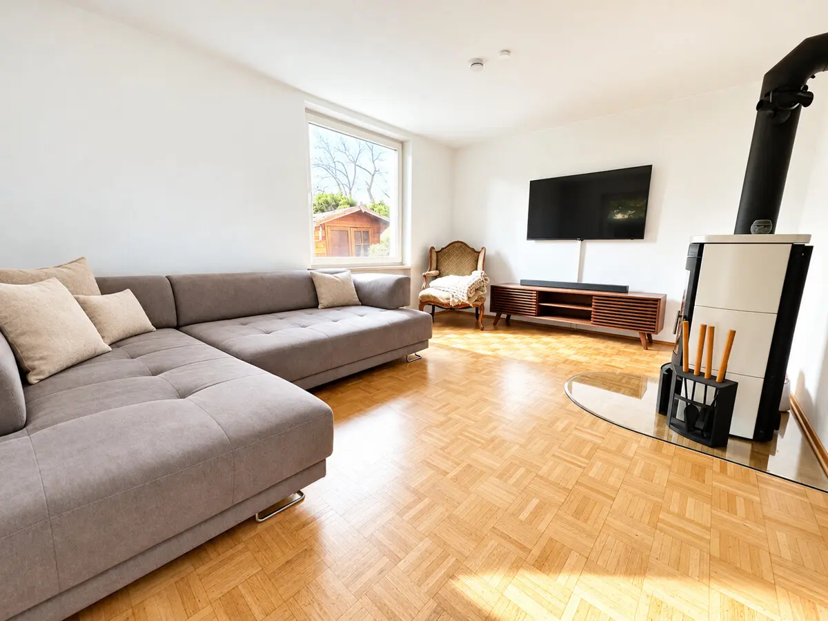 Wohnzimmer mit Schwedenofen - Bild mit KI optimiert