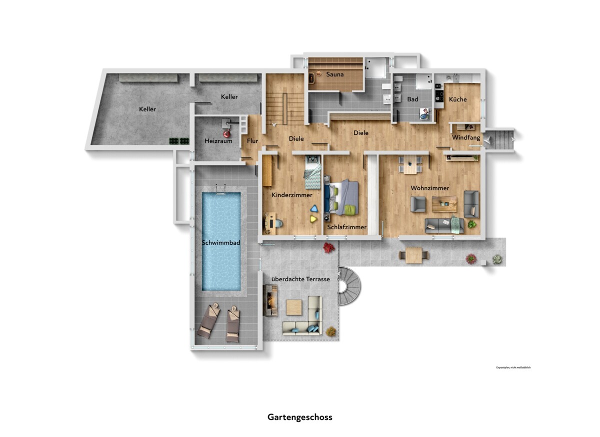 Der Grundriss des Gartengeschosses Ihres Bungalows